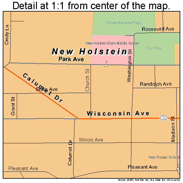 New Holstein, Wisconsin road map detail