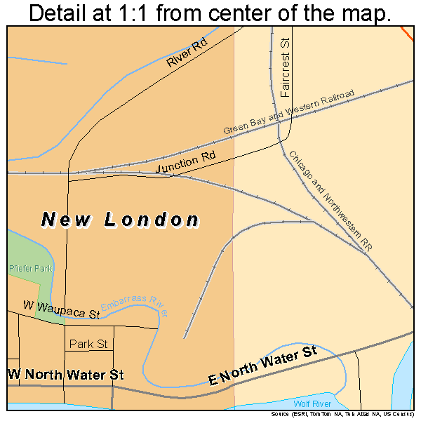 New London, Wisconsin road map detail