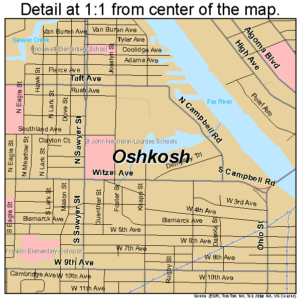 Oshkosh, Wisconsin road map detail