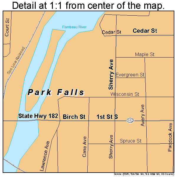 Park Falls, Wisconsin road map detail