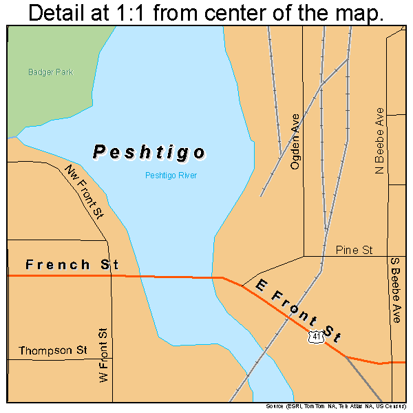 Peshtigo, Wisconsin road map detail