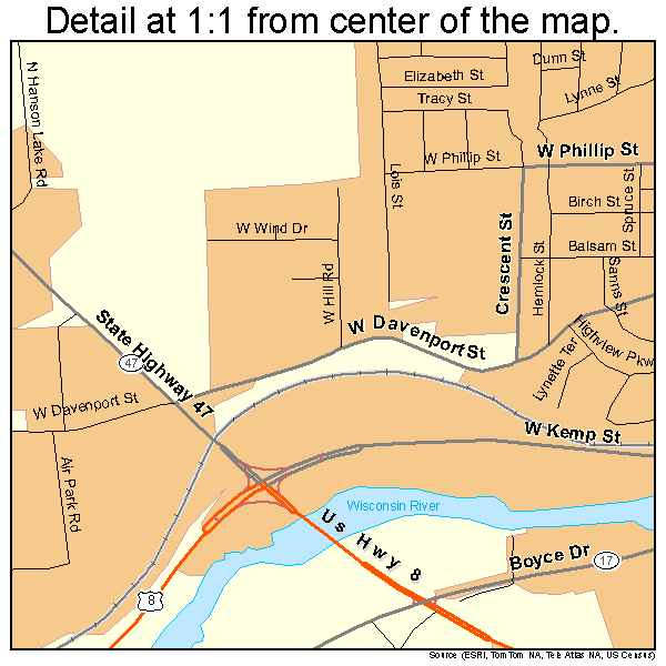 Rhinelander, Wisconsin road map detail
