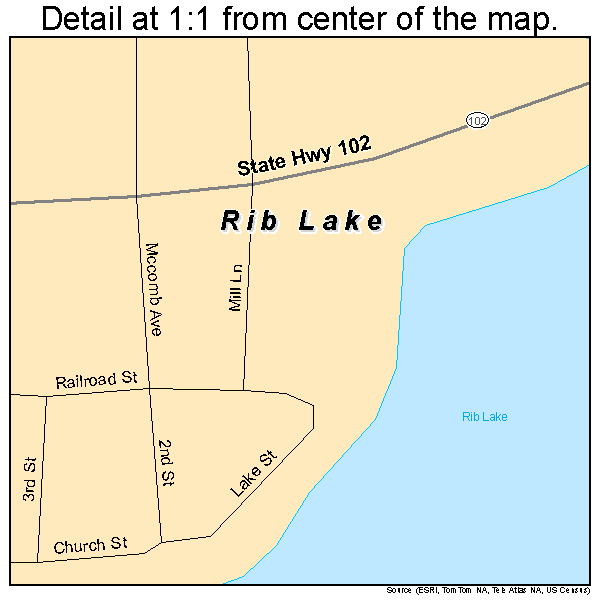 Rib Lake, Wisconsin road map detail