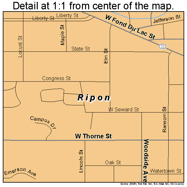 Ripon, Wisconsin road map detail