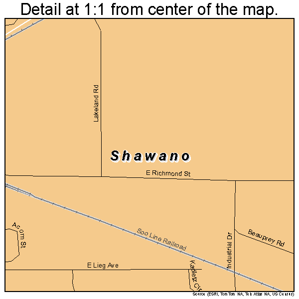 Shawano, Wisconsin road map detail