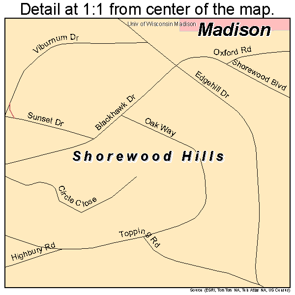 Shorewood Hills, Wisconsin road map detail