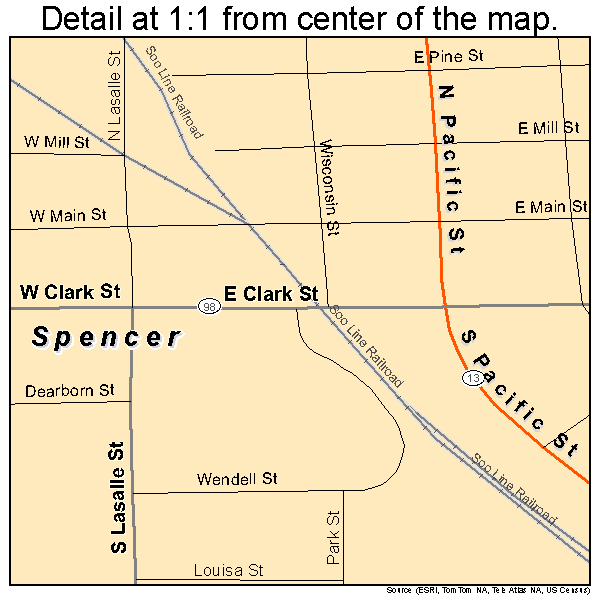 Spencer, Wisconsin road map detail