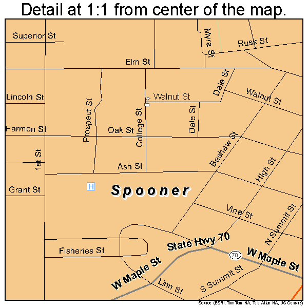 Spooner, Wisconsin road map detail