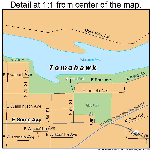 Tomahawk, Wisconsin road map detail