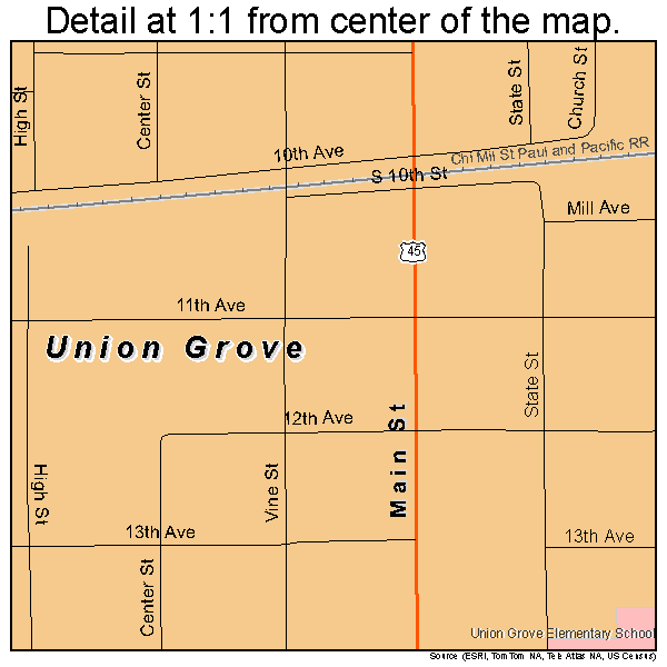 Union Grove, Wisconsin road map detail