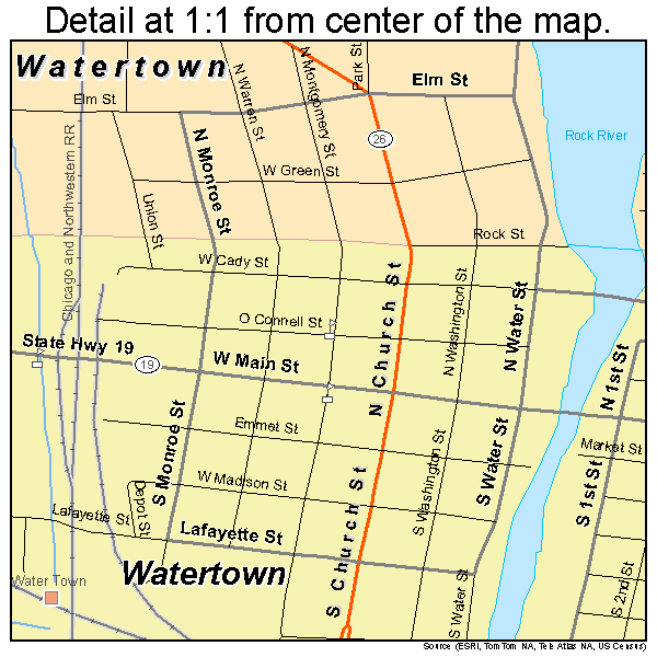 Watertown, Wisconsin road map detail