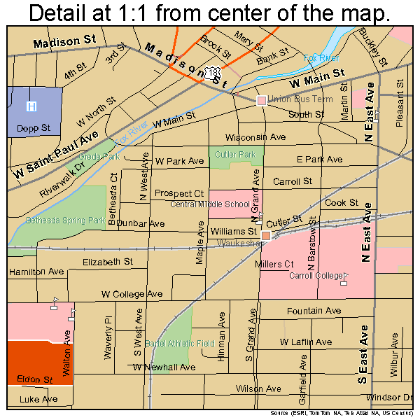 Waukesha, Wisconsin road map detail
