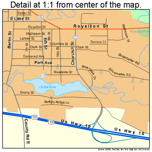 Waupaca, Wisconsin road map detail