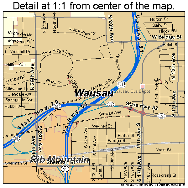 Wausau, Wisconsin road map detail