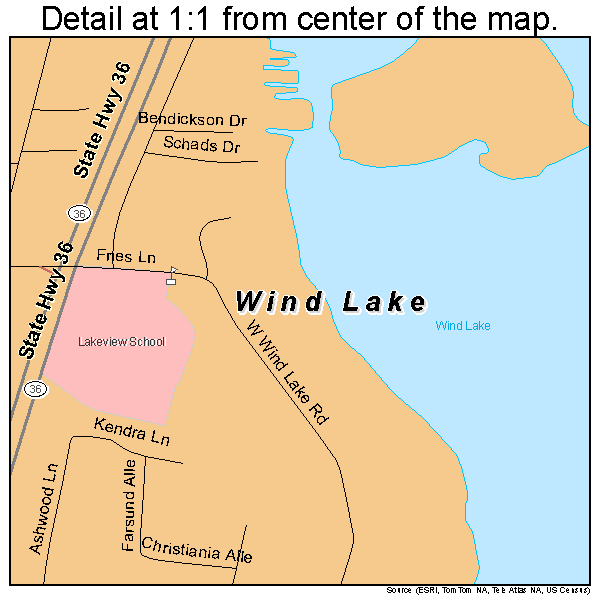 Wind Lake, Wisconsin road map detail