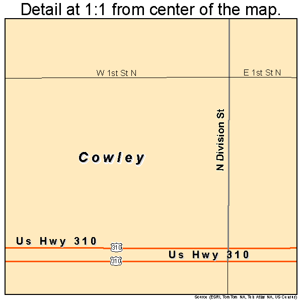 Cowley, Wyoming road map detail