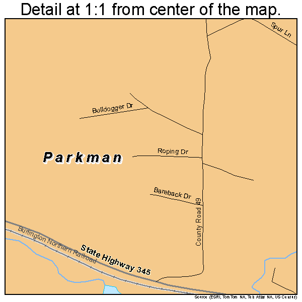 Parkman, Wyoming road map detail