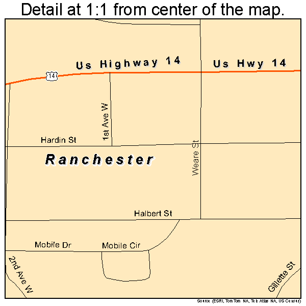 Ranchester, Wyoming road map detail